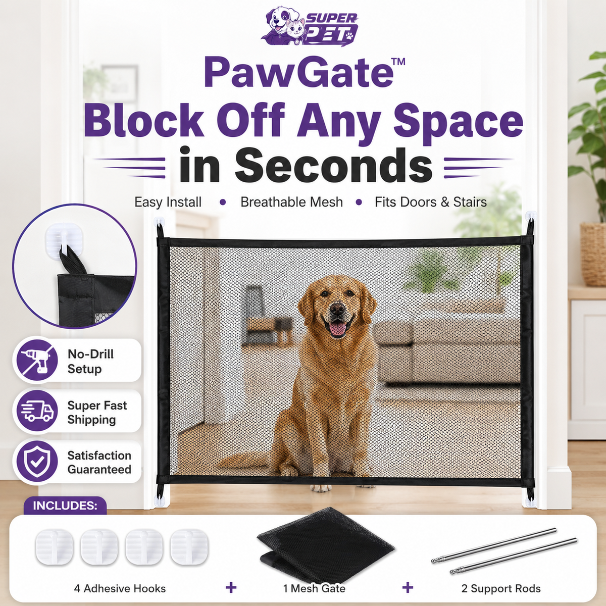 Portable Dog Gate —Without Drilling or Bulky Metal Gates