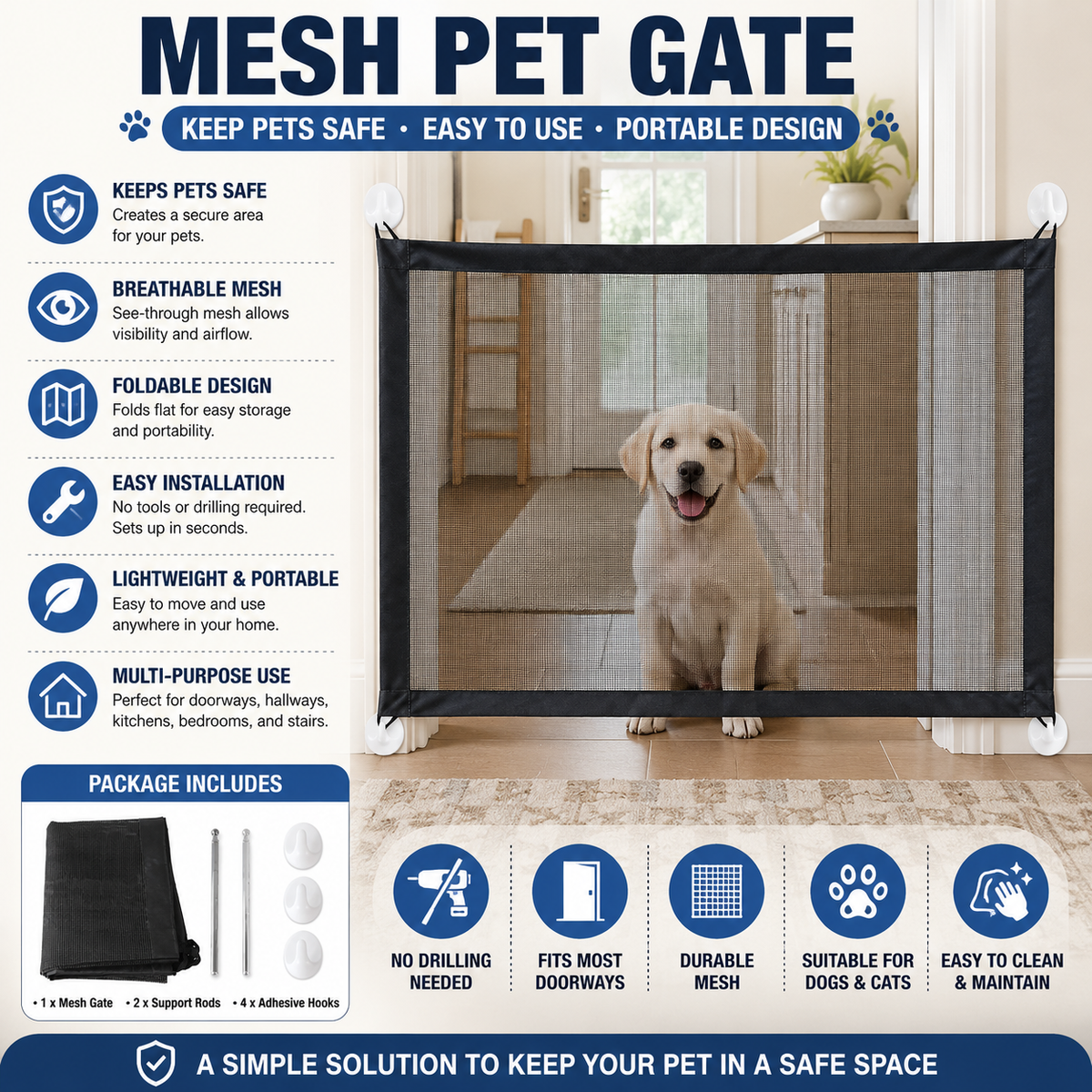 Portable Dog Gate —Without Drilling or Bulky Metal Gates