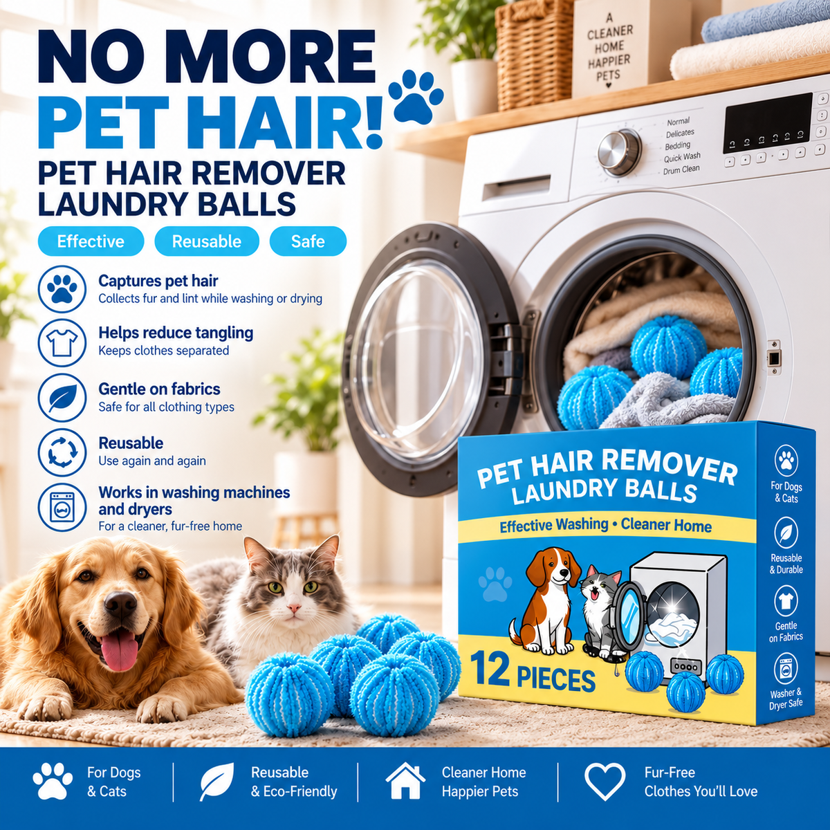 Say Goodbye to Pet Hair – Reusable Laundry Balls, 12 -Pack
